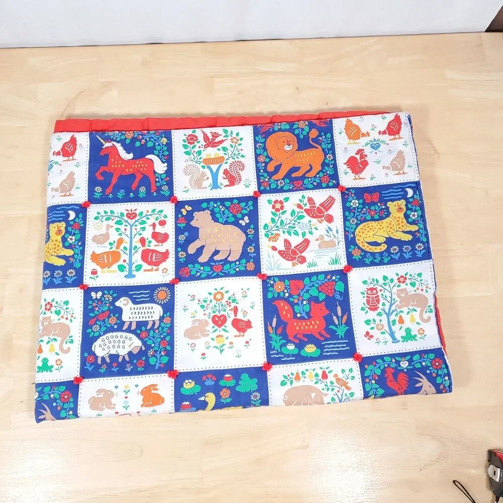Vtg Printed Block Quilt Pattern Baby Blanket Forest Animal Fox Owl Deer Folk Art